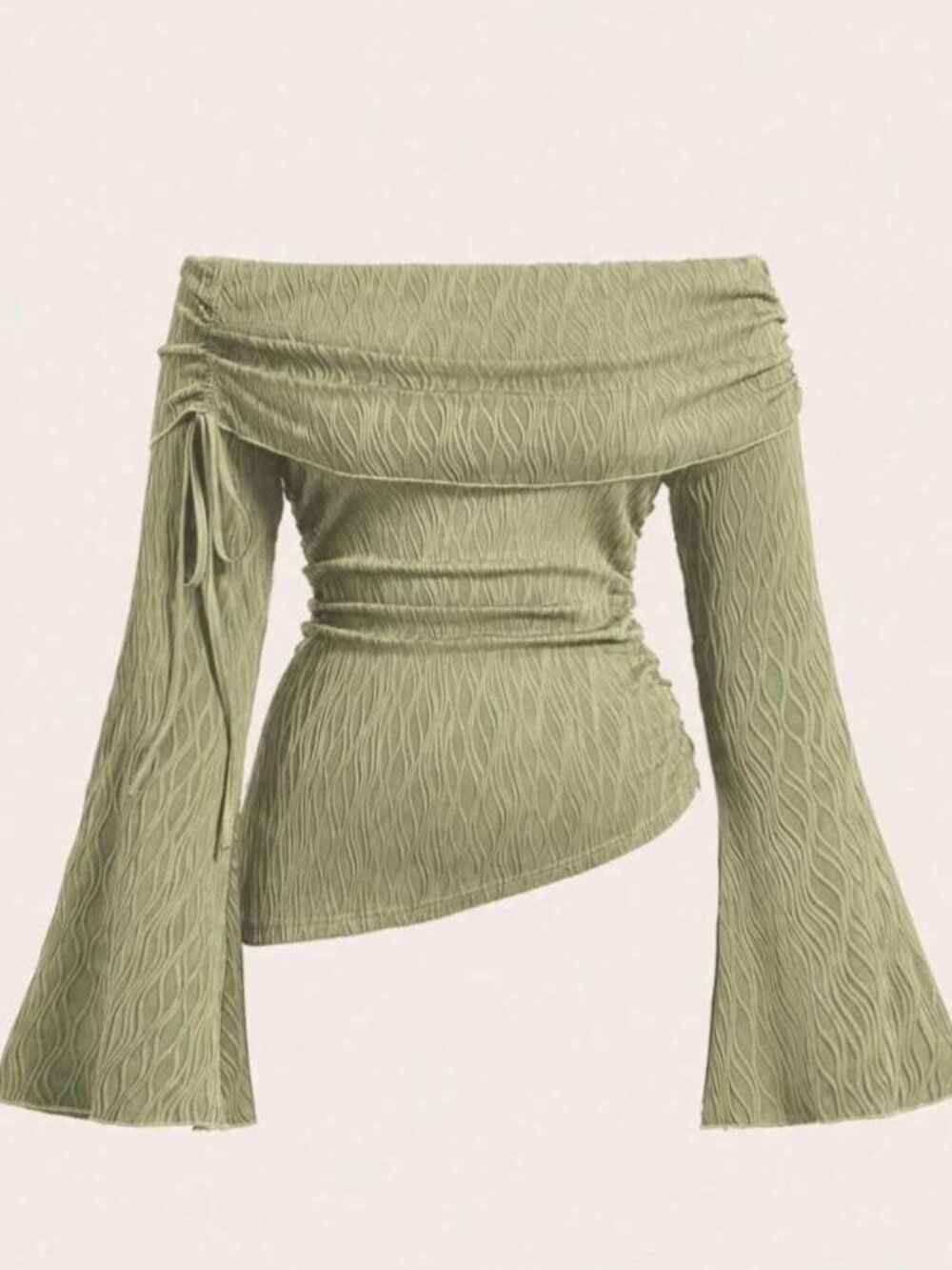 Plus Size Drawstring Detail Off Shoulder Asymmetric Hem T-Shirt Green Size 2XL